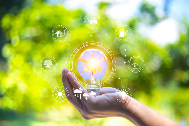 istock eco friendly energy. Innovation technology eco green concept. Icon bulb energy sources for renewable on green blur background.Concept with innovation inspiration. Idea innovative from the big data 1442467063