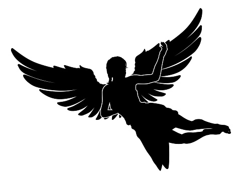 A flying female angel woman with feather wings silhouette