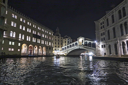 Night View of the Grand Canal with illuminated Rialto Bridge, Venice, Italy