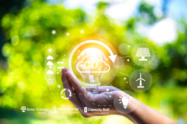 istock green energy concept help reduce global warming.Hand holding natural background light bulb on green leaf with clean energy icon around it. Carbon dioxide emission in industry zero carbon concept. 1442470473