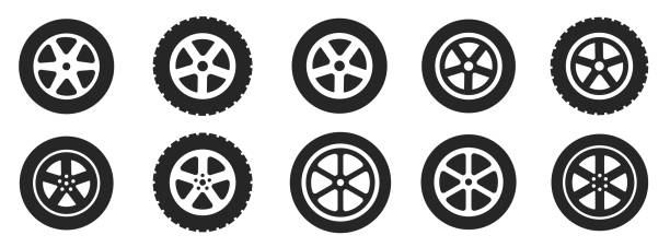 ilustraciones, imágenes clip art, dibujos animados e iconos de stock de conjunto de ilustración de símbolos de neumáticos de rueda. icono del juego de neumáticos de rueda de goma - neumático