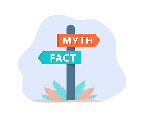 Road sign with words Myths vs Facts, true or false information, fake news or fictional, reality versus mythology knowledge.