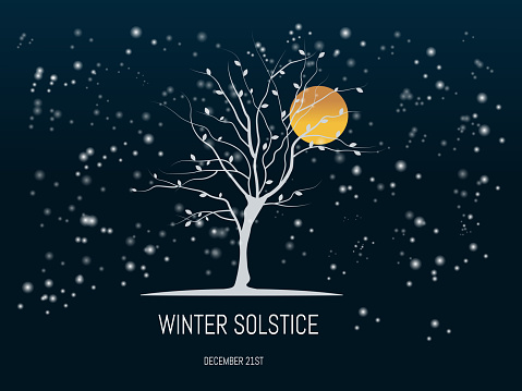 Winter solstice.december 21 .tree,branches with some leaves in white on dark background.