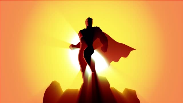Loopable Superhero Silhouette Standing on a Rock with Flowing Cape and Volumetric Light Animation Stock Video