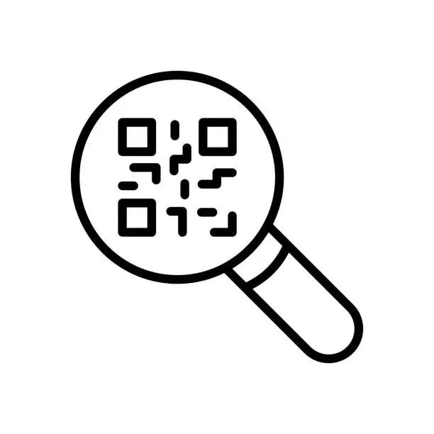 Vector illustration of Magnifier with QR codes set icon. Sticker, product labeling, encrypted information, tick, scan, magnifying glass, scan, received. Technology concept. Vector black line icon on a white background