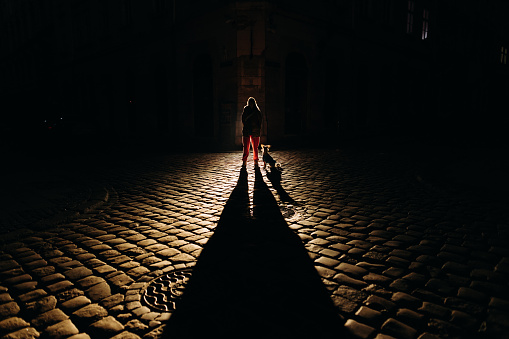 The woman with her dog walking on the Lviv city street during the blackout after russian missile strike on the energetic infrastructure of Ukraine during the war in Ukraine in November 2022