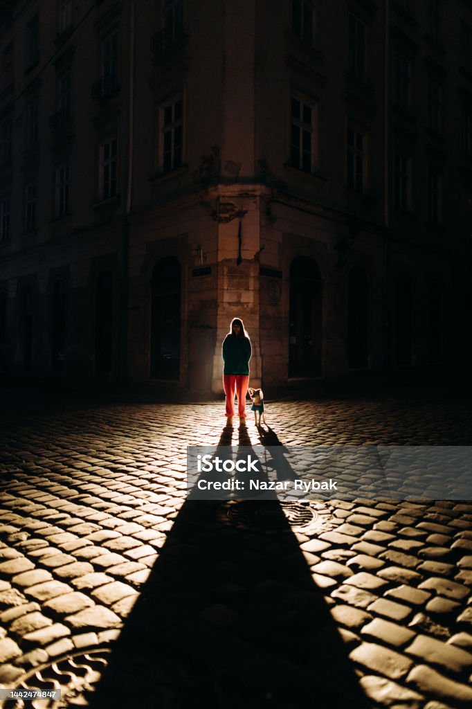 The woman walking with her dog in the city street during blackout The woman with her dog walking on the Lviv city street during the blackout after russian missile strike on the energetic infrastructure of Ukraine during the war in Ukraine in November 2022 Blackout Stock Photo