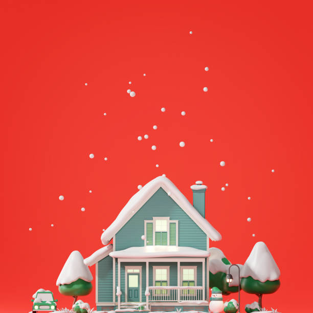 istock Christmas house with snow on red. 3d rendering. 1442479215