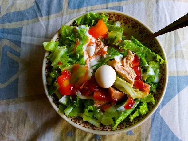 Chicken Salad With Chicken Meat, Boiled Eggs And Fresh Vegetables. Food Menu. Top View.