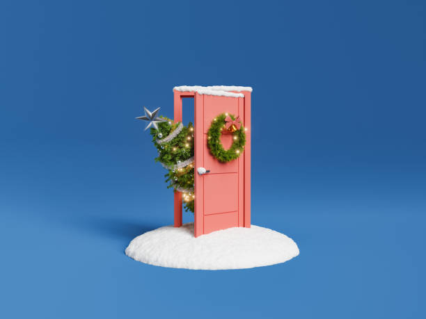 porta aberta com árvore de natal decorada - welcome sign greeting door open - fotografias e filmes do acervo