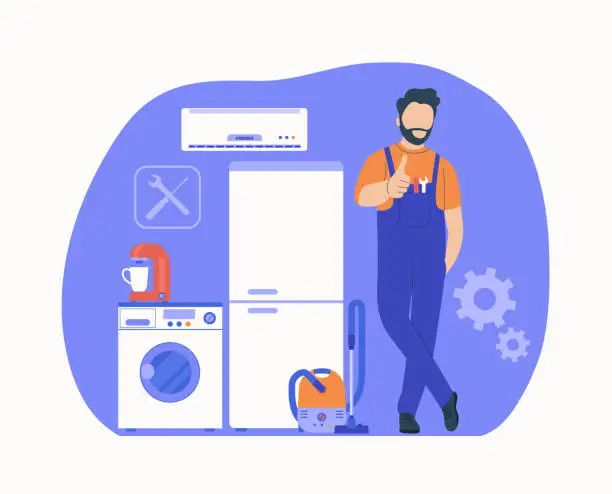 Vector illustration of Concept for home appliances repair service
Worker with tools, washing machine, refrigerator, vacuum cleaner and air conditioner in the background.
