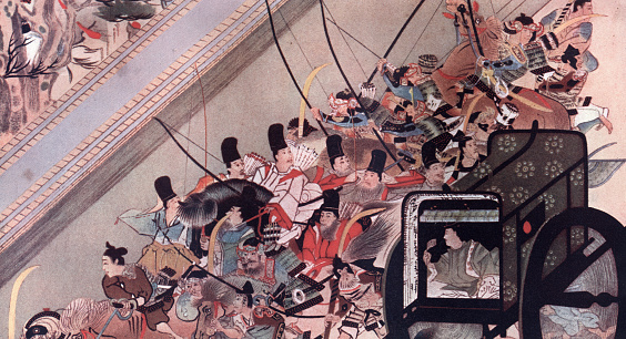 Vintage illustration Art of Japan, Japanese noble man riding in carriage surrounded by Samurai, 19th Century