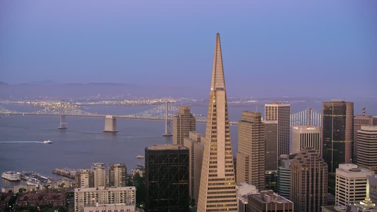 AERIAL Above Downtown San Francisco, California in the evening