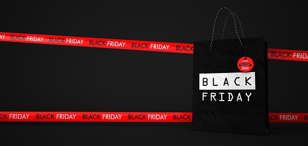 Black friday shopping bag with tape on the black background. 3d illustration.