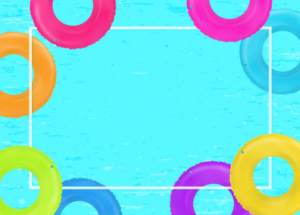 istock Swim rings frame. Summertime poster. Inflatable rubber toy. Colorful vector vacation background. Top view swim rings for ocean, sea, pool. 1442482570