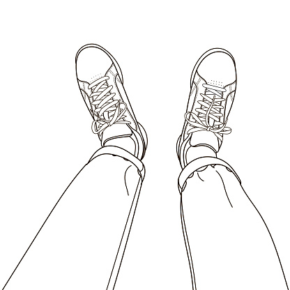 Sketch of selfie of feet in classic sneakers boots shoes and tight jeans or chinos, Top view, Line art style hand drawn doodle vector illustration.