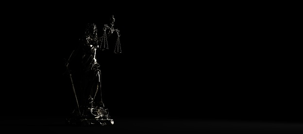 Lady justice statue on a black background. 3d illustration.