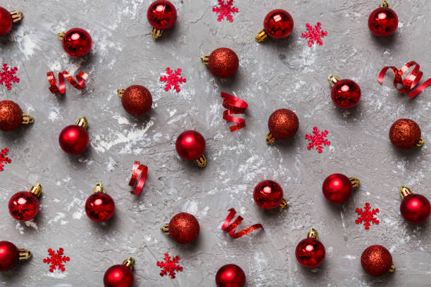 istock Christmas composition. a pattern of christmas balls on colored background. Flat lay, top view New year decor 1442486652