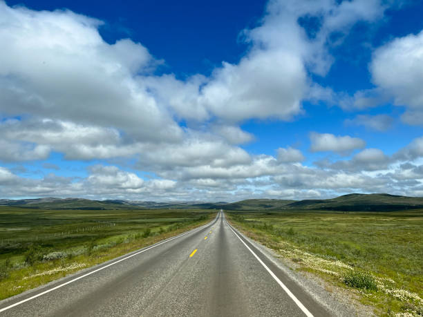 istock Empty asphalt road through the green field and clouds in blue sky 1442487335