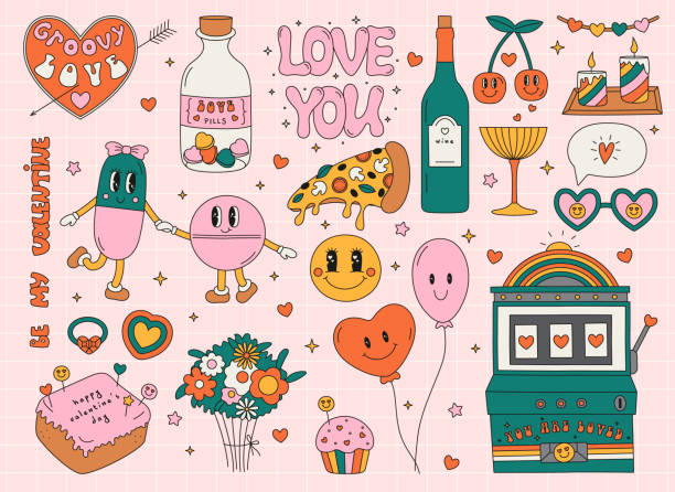 zestaw wektorowych klipartów z kreskówek st valentine w stylu groovy - food and drink obrazy stock illustrations