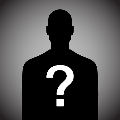 Anonymous man black silhouette with question mark. Incognito male person vector illustration.