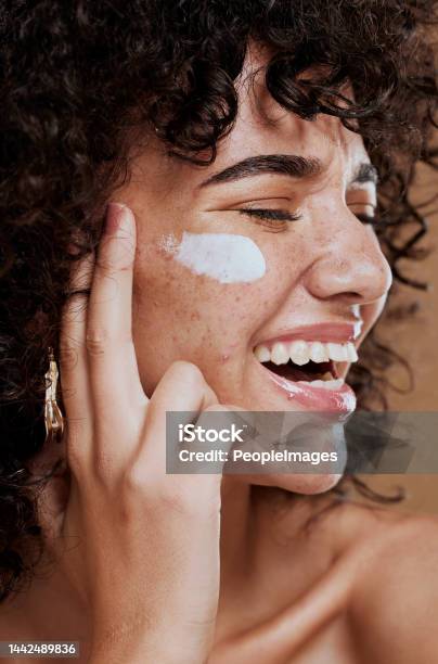 Happy Woman Face Cream And Beauty Makeup Product And Sunscreen Facial Treatment For Aesthetic Shine Young Model Face Freckles And Body Lotion Cosmetics And Healthy Skincare Wellness And Melasma Stock Photo - Download Image Now
