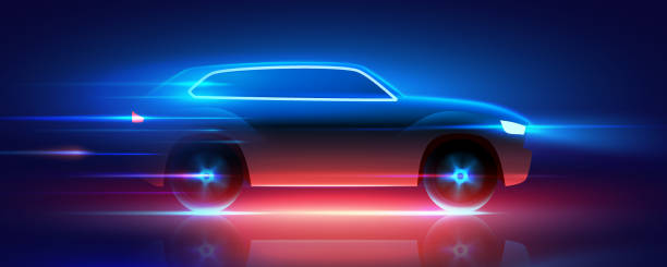 istock Fast moving SUV car with blue and red glowing neon lights rushing at high speed, vector illustration 1442490075