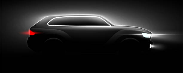 istock Black SUV car silhouette with head and tail lights on a dark night background. Automotive poster vector illustration 1442490638
