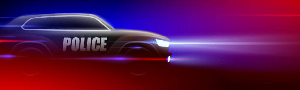 istock Police SUV car riding on a high speed on a dark background with colorful flashes. Cop pursuit vector illustration 1442490727
