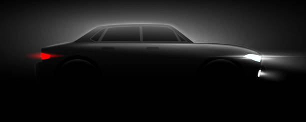 istock Black sedan car silhouette with head and tail lights on a dark night background. Automotive poster vector illustration 1442490851