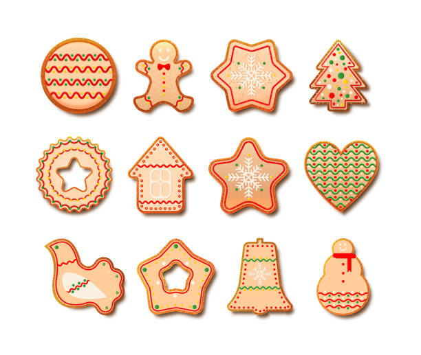 рождественское печенье, пряничное печенье, векторный набор - cookie christmas shortbread food stock illustrations