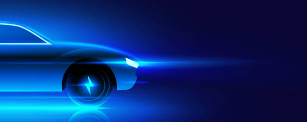 istock Electric car concept vector illustration. Blue glowing cars front side on a dark blue background. 1442491570