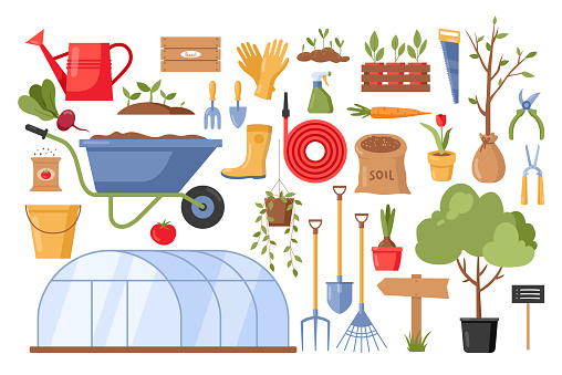 Garden tools. Vector gardening equipment with flowers, rubber boots, glove, seedling, watering can, scissors, wheelbarrow, shovel, rake, saw, bucket isolated on white background. Spring farming icons