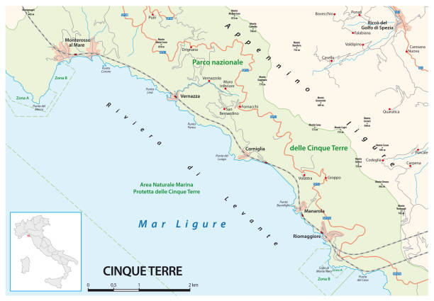 road map italian cultural landscape of the Cinque Terre, Liguria road map italian cultural landscape of the Cinque Terre, Liguria spezia stock illustrations