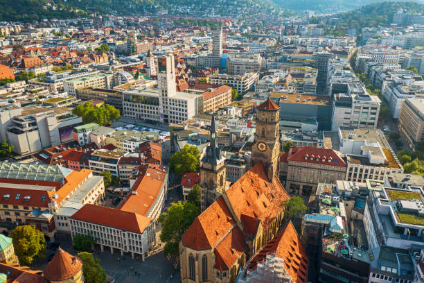 Stiftskirche church in Stuttgart, Germany The Stiftskirche (Collegiate Church) is an inner-city church in Stuttgart, the capital of Baden-Wurttemberg, Germany. View from above with the town buildings stuttgart stock pictures, royalty-free photos & images