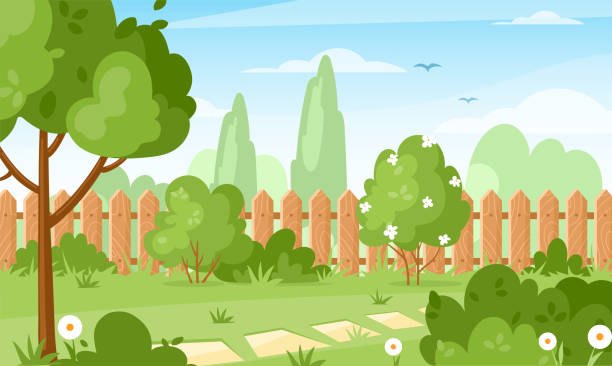 House backyard Backyard. Vector illustration of house backyard with trees, bushes, green grass lawn, flowers and wood fence. Horizontal garden banner. Spring or summer landscape. Patio area for BBQ summer parties. backyard background stock illustrations