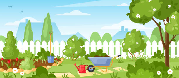 Spring or summer landscape. Gardening. Vector illustration of house backyard with trees, bushes, green grass lawn, flowers, garden tools and wood fence. Horizontal garden banner. Spring or summer landscape. Patio area garden stock illustrations
