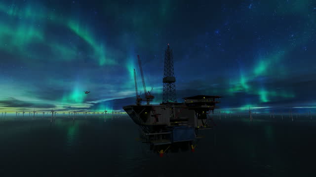 Oil Rig with Helicopter flying and Offshore Wind Turbines against Aurora Borealis, tilt 4k