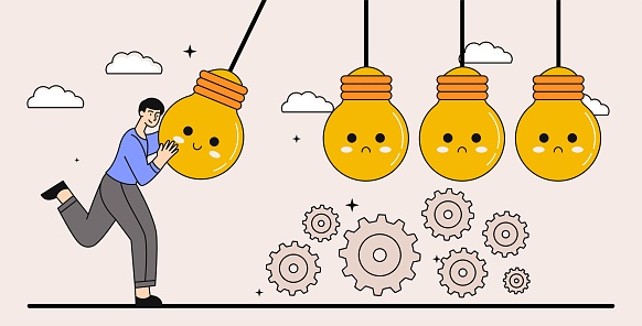 Optimistic man concept. Young guy swings on light bulb. Creative personality, brainstorming and thought process. Evaluation of options and ideas, positive emotions. Cartoon flat vector illustration
