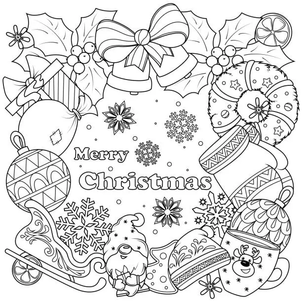 Vector illustration of Coloring book Doodle on the theme of Christmas in the form of a frame.