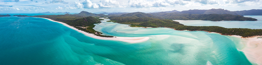 Panorama of beautiful Whitsundays Island featuring White sand and crystal blue waters at Hill Inlet, Whitsundays