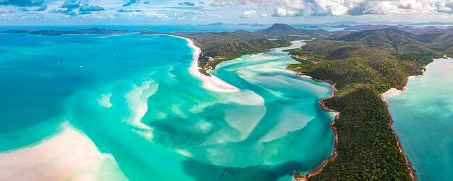 Panorama of Hill Inlet on a sunny day in Whitsundays Island in Great Barrier Reef, Australia