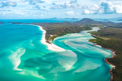Aerial view of famous whitehaven world class white sand beach in Whitsundays, Queensland, Australia
