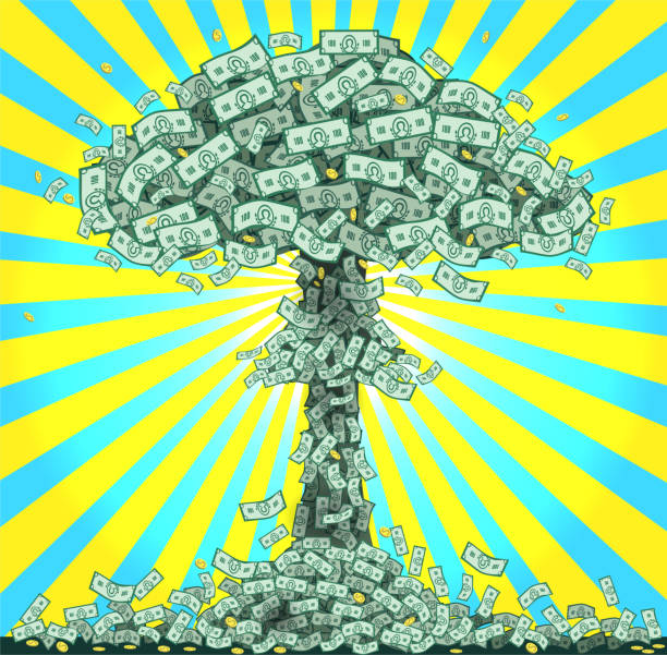 Clipart nuclear explosion from green dollar bills Clipart caricature. Nuclear explosion from dollar bills. Financial investment success. Humor billion stock illustrations