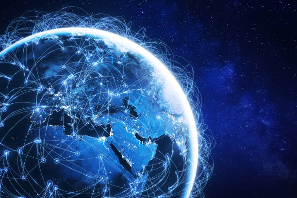 iot, 통신, 데이터 전송, 국제 연결 링크, 금융, 비즈니스, 블록 체인, 보안을 위해 전 세계에 연결된 글로벌 통신 네트워크를 갖춘 인터넷 기술. - computer network satellite view planet communication 뉴스 사진 이미지