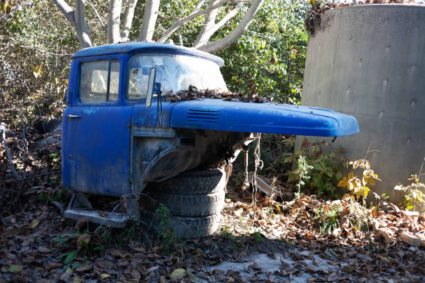 istock Broken abandoned rusty old vehicle. Retro damaged transportation. 1442499854