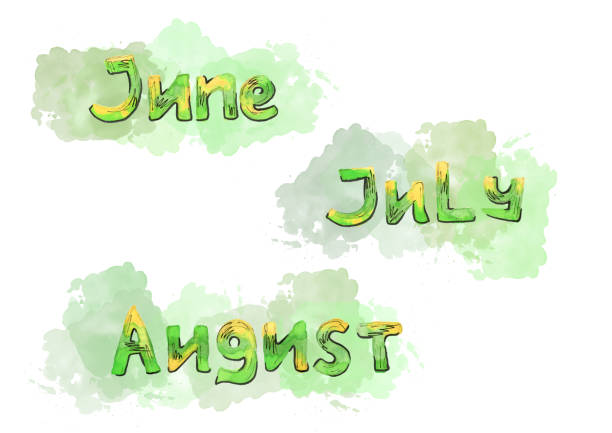 istock Multicolor Watercolor set summer month lettering June, July and August on blot. Green and yellow color 1442501556
