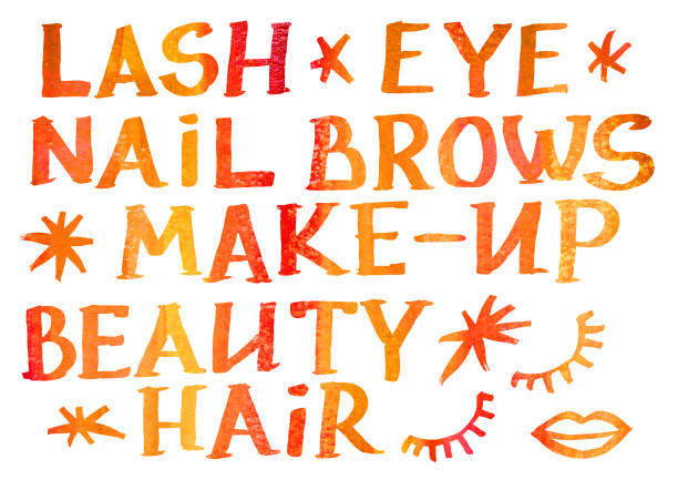 istock Watercolor Set of Makeup elements on a white background. Watercolour orange and red gradient word. Lash, eye, nail, brows, Make-up, beauty, hair, lips, eyelash and snowflake 1442501647