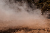 A dust storm. Powdered dust and sand flowing into air on a gravel road. Concept of extreme weather events, rally and offroad races.