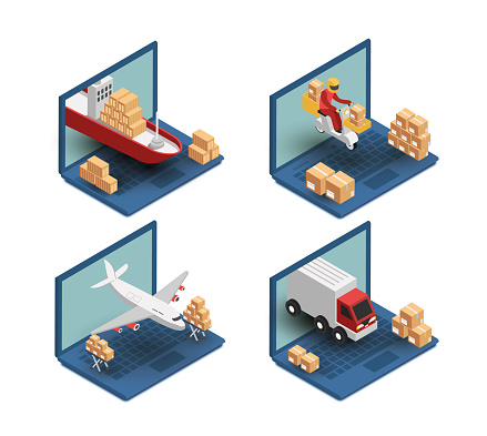 Types of online delivery. Shipping, Transportation. Isometric vector set.